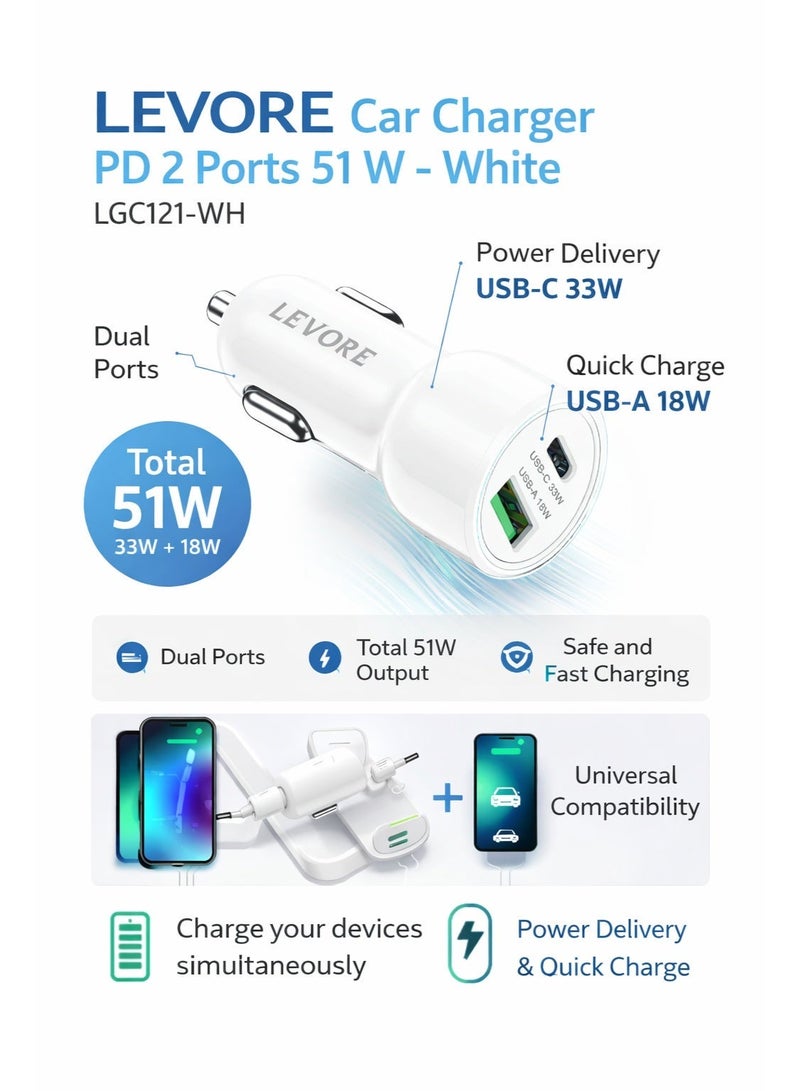 LEVORE Car Charger power delivery ( PD ) 2 Ports 51 W - White LGC121-WH - Image 1